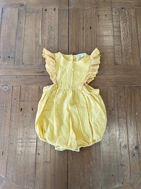 Tocoto vintage yellow linen blend eyelet ruffle bubble romper 18 months